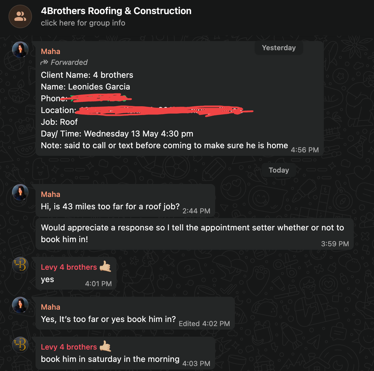 4Brothers — Setter confirming bookings with owner